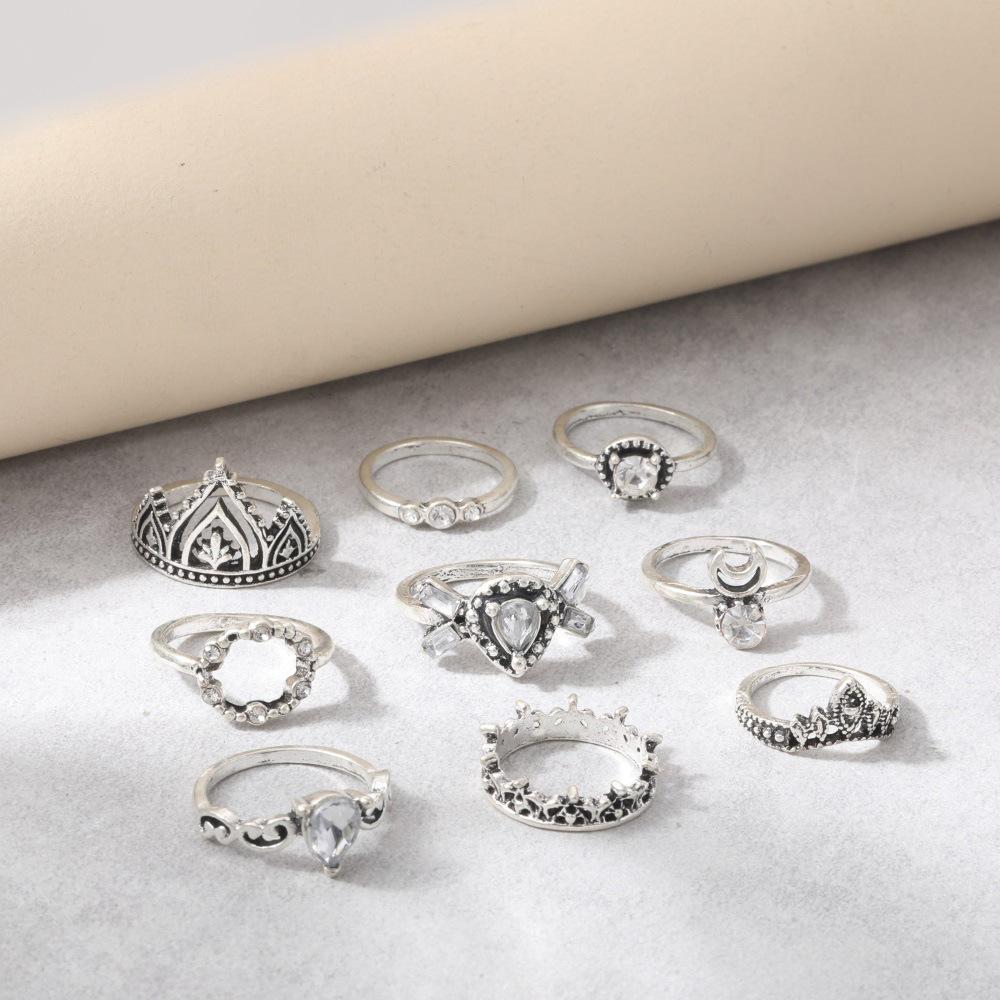 Bohemian 9-Piece Set With Diamond Crescent Crown Combination Ring