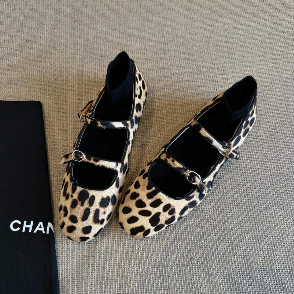 Sheepskin Version~ Niche Hollow Mary Jane Single Shoes Leather Retro Round Head Leopard Print Light Mouth Flat Bottom Ballet Shoes Women