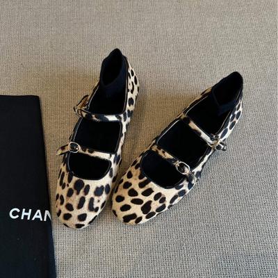 Sheepskin Version~ Niche Hollow Mary Jane Single Shoes Leather Retro Round Head Leopard Print Light Mouth Flat Bottom Ballet Shoes Women
