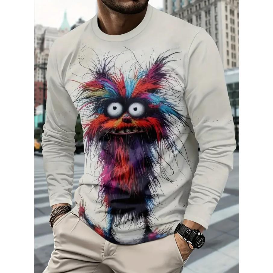 Cartoon Animal Print Men's Long Sleeve T-shirt Casual O-neck Oversized Pullover Autumn Fashion Streetwear High Quality Clothing