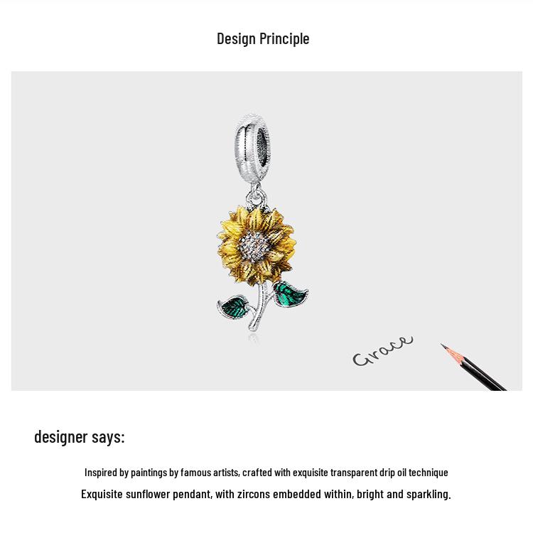Sunflower S925 Silver Bracelet Pendant, Shining Sunflower DIY Beaded Accessories SCC2079