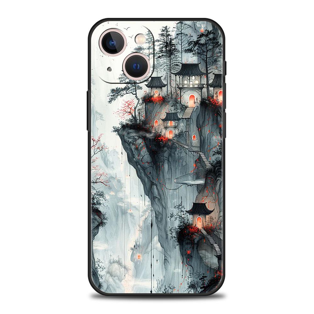 Soft TPU Phone Case for iPhone 16/15/14/13/12/Pro/Max/16E/11/Pro/7/8/Plus/XS/Max Shockproof Chinese Style Landscape Painting Bag