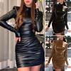 Turtleneck Long Sleeve Hip Wrap Pleated Bodycon Dress Autumn Faux Leather High Elastic Mini Dress Streetwear