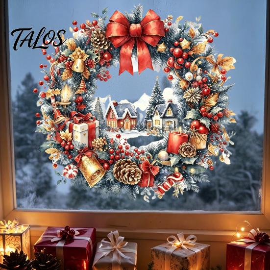 Festive Wreath Decorations Watercolor Christmas Static Window Cling, Reusable Xmas Sticker with Red Bow Seasonal Home Decor Winter Snowy Decal,