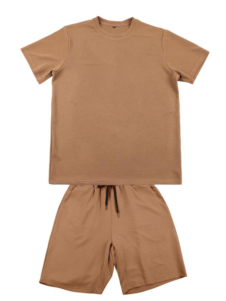 Men Casual Loose Textured Short Sleeve T Shirt And Shorts Two Piece Set