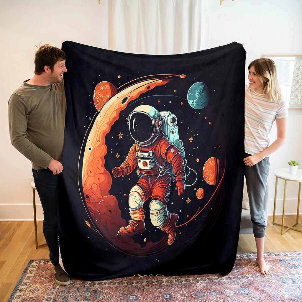 Astronaut Flannel Throw Blanket Galaxy Space Planet Pattern Blanket Lightweight Warm Super Soft for Bed Sofa Couch Travel Decor