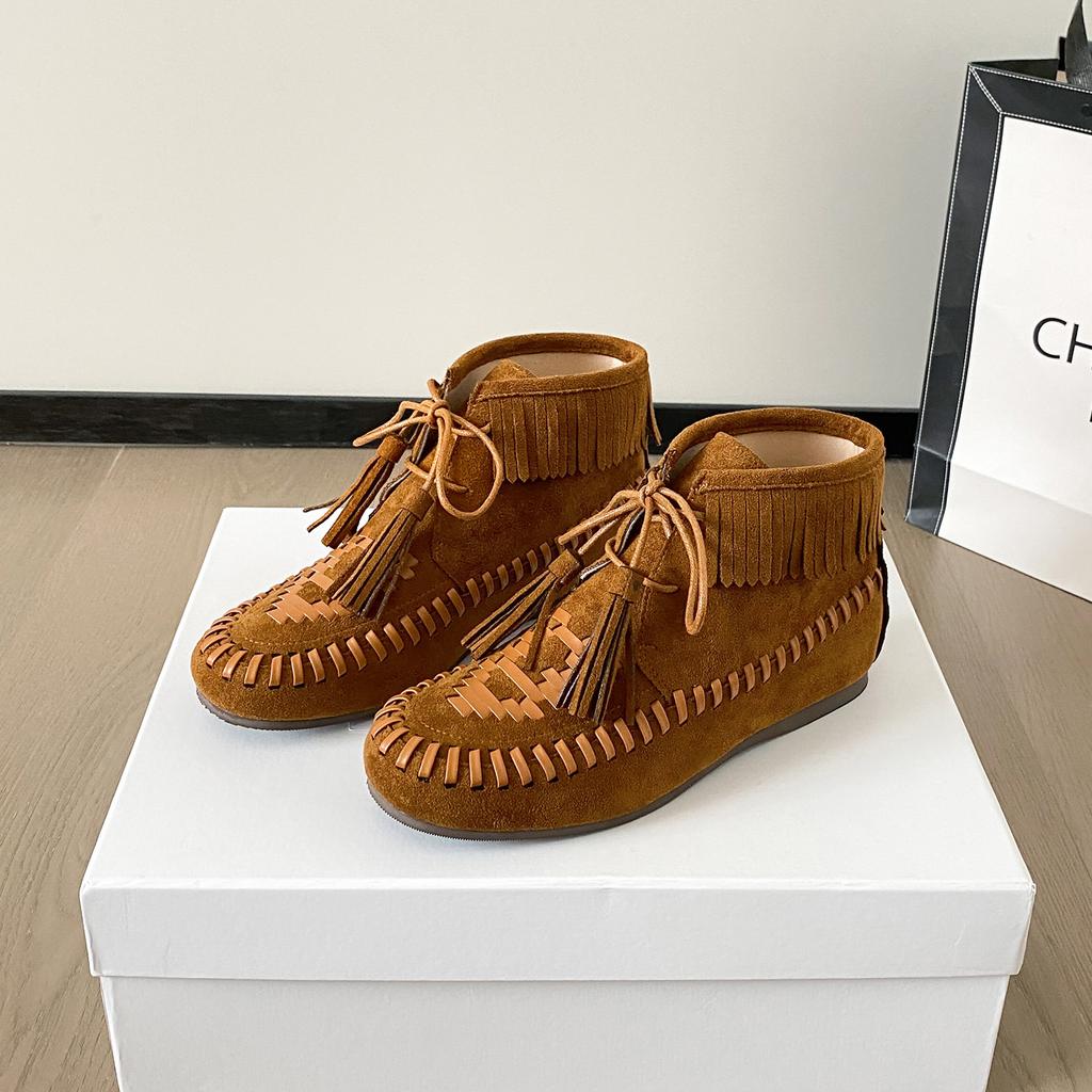 High-end Autumn and Winter New Martin Boots Round Head Retro Flat Bottom Strap Low Tube Versatile Breathable Soft Bottom Fringed Boots