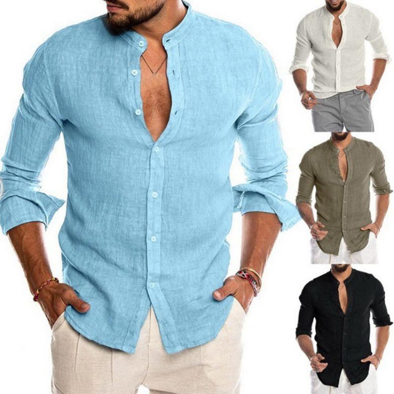 Men Stand Collar Full Button Long Sleeve Linen Shirt Rollable Cuffs Loose Fit Casual Daily Beach Vacation Top