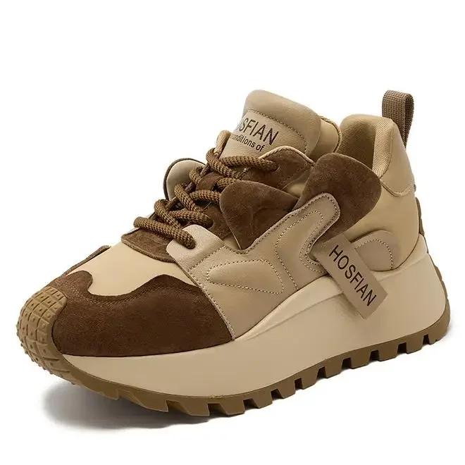 6CM Chunky Women Sneakers 2024 Winter Spring New Retro Genuine Leather Lace-Up Ladies Sport Shoes Woman Casual Platform Sneaker