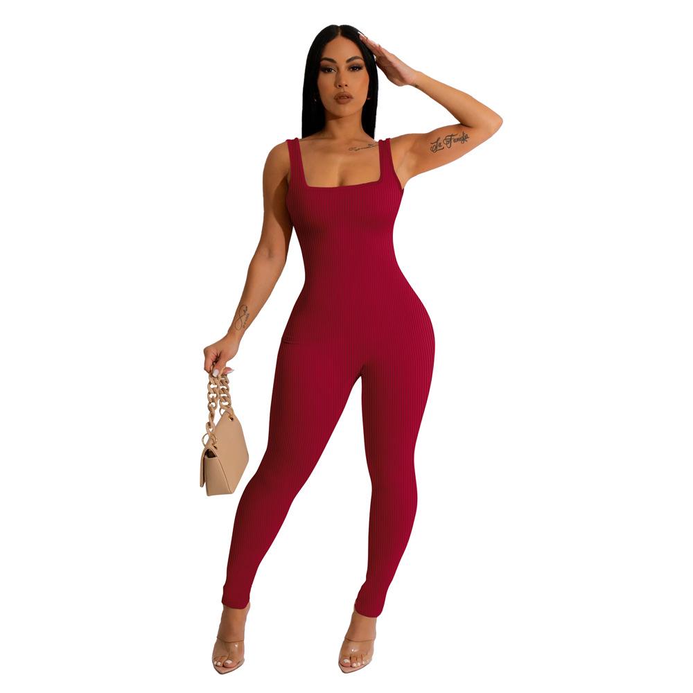 Women's Solid Color Ribbed Sleeveless Bodysuit: Square Neck, Backless, Hip-Lifting Slim-Fit Jumpsuit