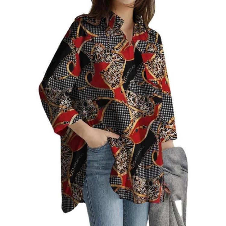 2026 Spring Fashion Long Sleeve Printed Lapel Tops for European American Office Ladies