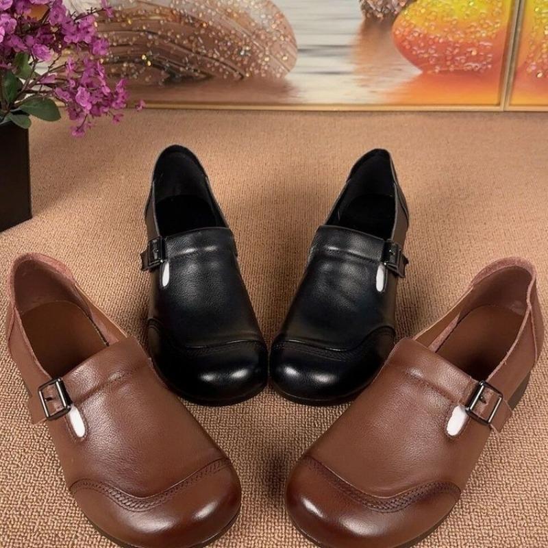 Women's Leather Mary Jane Shoes Comfortable Chunky Heel Casual Pumps with Buckle Strap