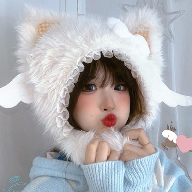 Furry Cartoon Head Cover with Ear for Outdoor Sports Furry Hat Kitten Oversized Headgear Hat for Winter