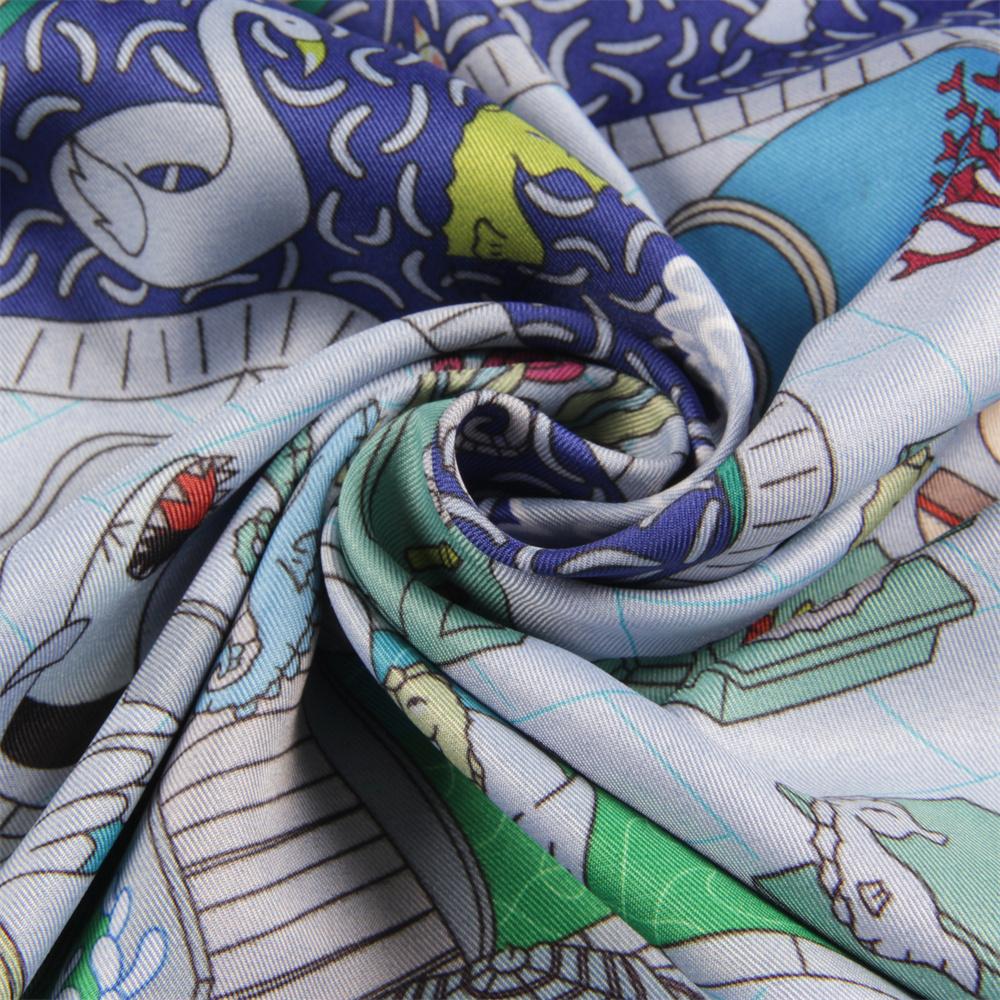 POBING Manual Hand Rolled Twill Silk Scarf Women Ocean Park Double Print Square Scarves Wraps Echarpes Foulards Femme Hijab 90CM