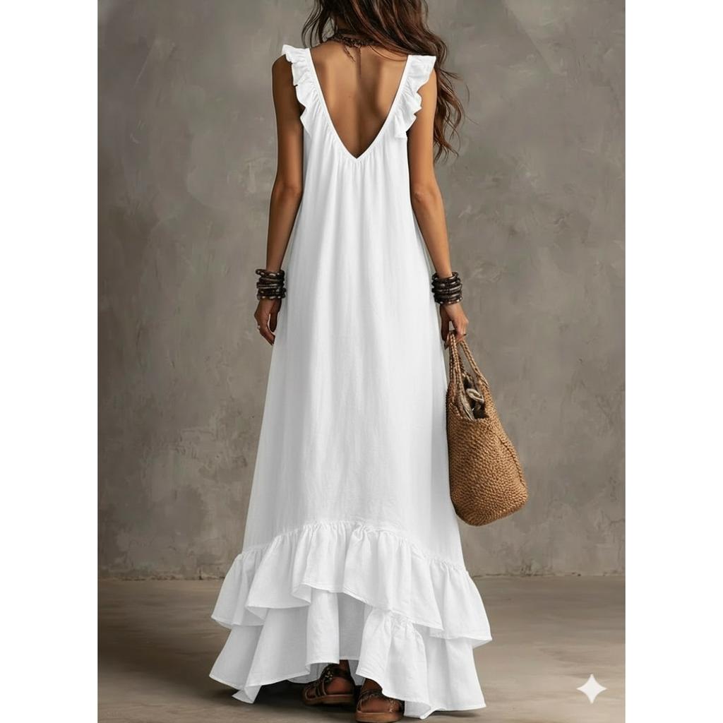 Boho Vintage V-Neck Short Sleeve Ruffle Casual Urban Dress for Women, European American Crossbody Summer Sundress