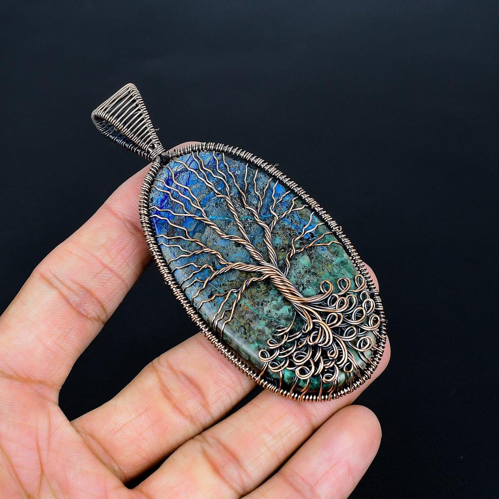 Tree Of Life Azurite Malachite Pendant, Handmade Gemstone 999 Copper Wire Wrap Pendant Antique Jewelry, For Gift Copper Jewelry