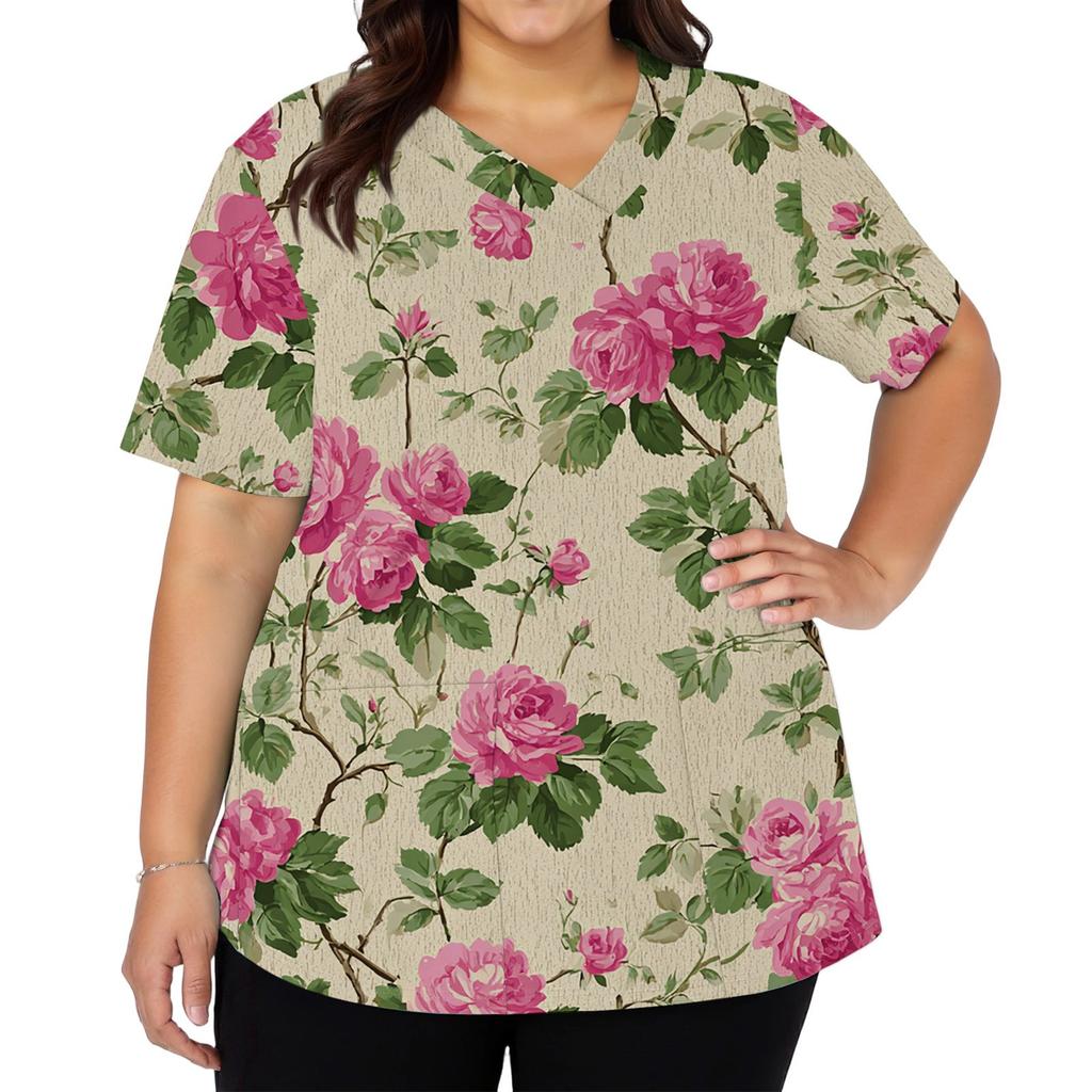 Women's Fashionable V-neck Short-Sleeved Work Top With Double Side Slits And Pockets, Featuring A Retro Floral Print.