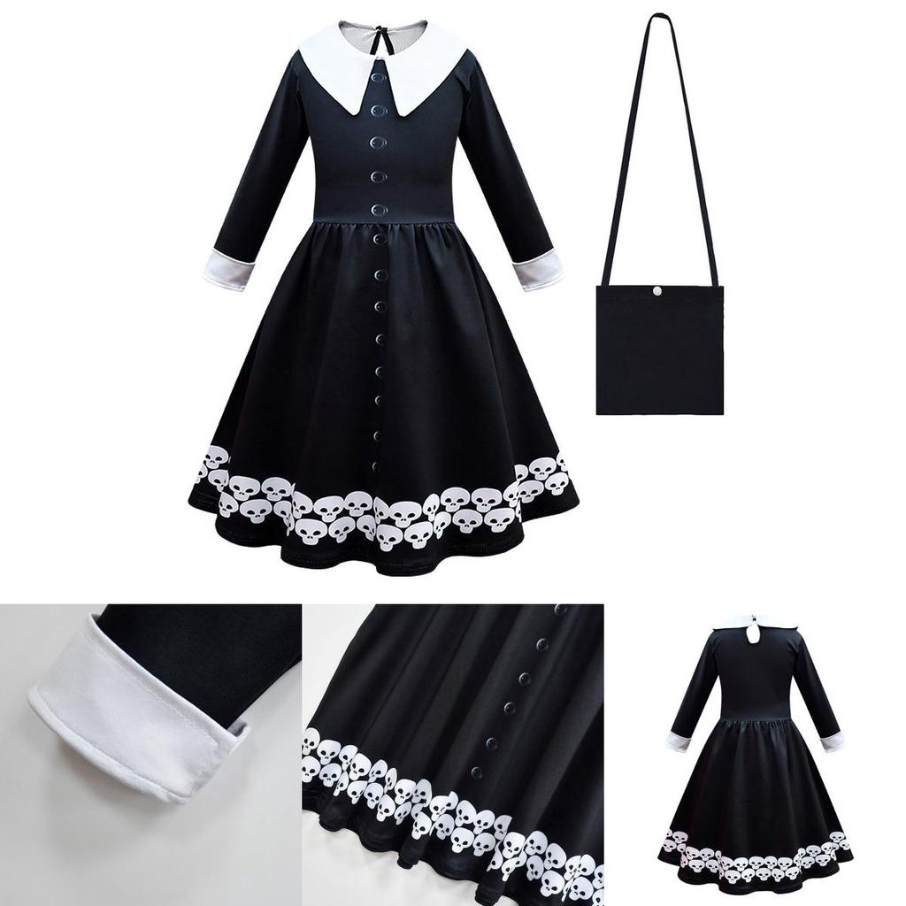 Wednesday Addams Dress Bag Wig Cosplay Costume Girls Xmas Party