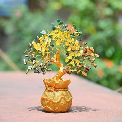 Money Magnet Crystal Tree Pyrite, Green Aventurine, Citrine, Tiger Eye Tree of Life Bonsai - Feng Shui Gold Crystal Ornaments for Prosperity