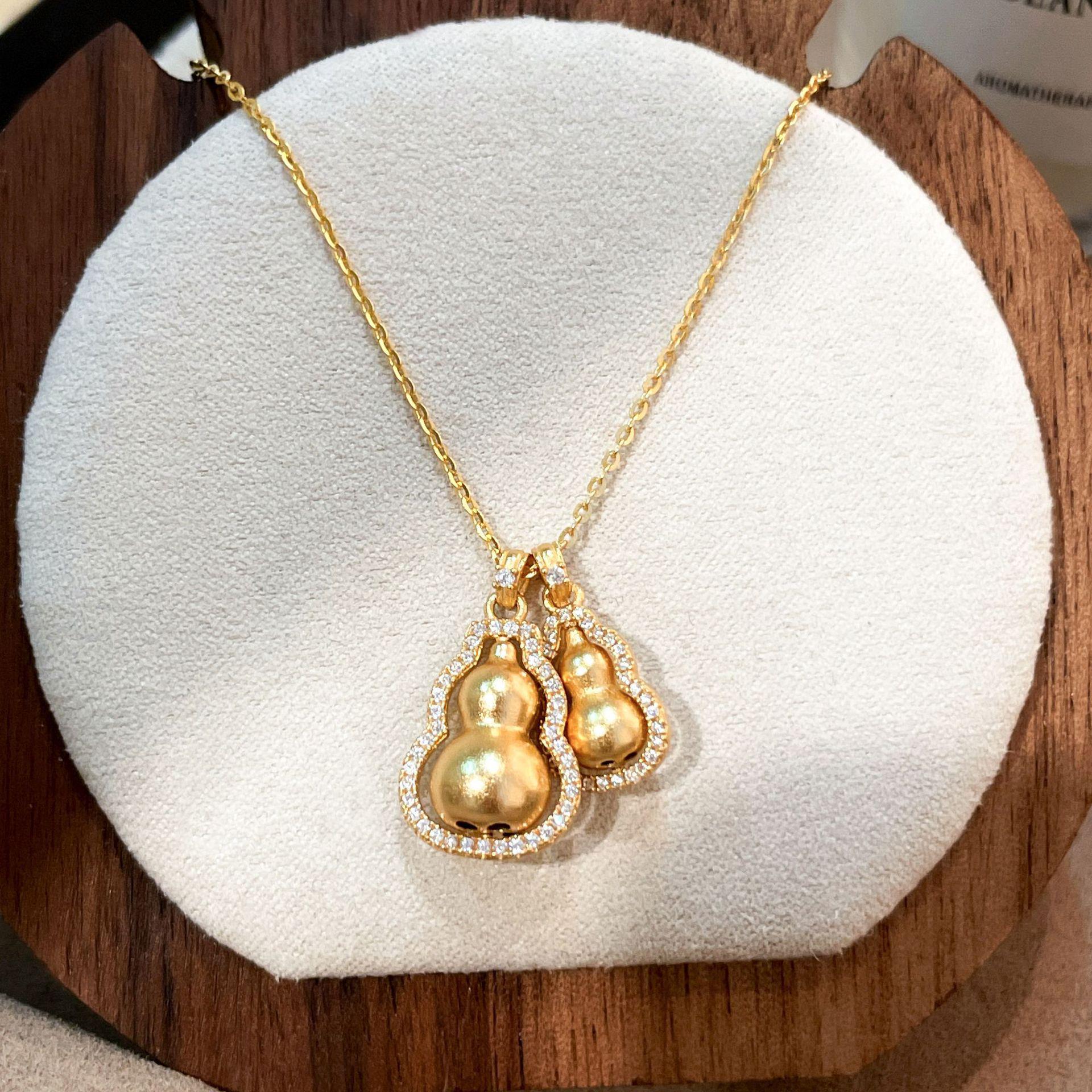 S925 Sterling Silver Three-Dimensional Double Gourd Necklace for Women - Chinese Style Rotatable Fu Lu Clavicle Chain. 925 Silver золотой