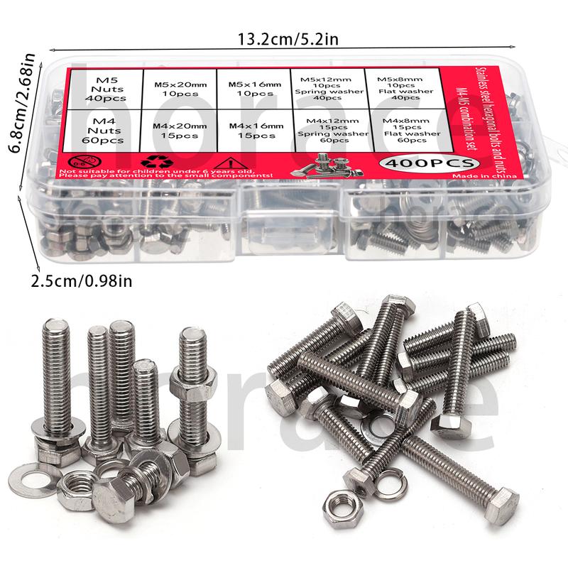 400 PCS, Stainless Steel Hexagon Bolt and Nut Combination Set, M4, M5, Hexagon Head - Including Flat Washers, Spring Washers, (b