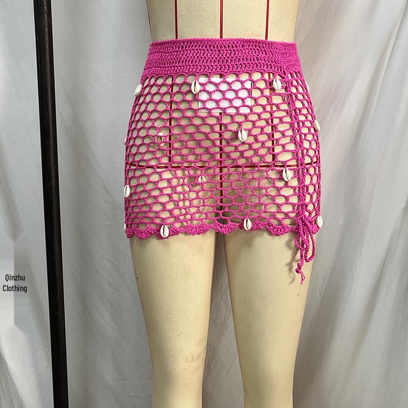 

Европейско-американская вязаная крючком пляжная юбка-накидка: Ажурный дизайн, Готовность к бикини, Ручная вязка крючком в стиле морской раковины. M розы красного