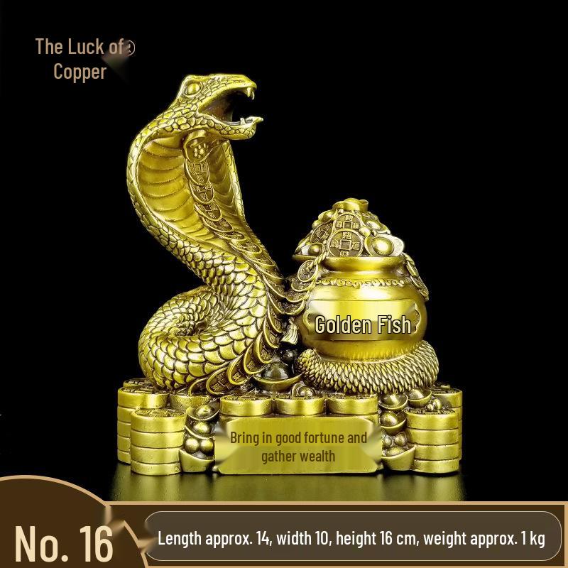 Pure Brass Lucky Snake Wealth Ornament - Auspicious Year of the Snake Zodiac Decoration with Money Treasure Basin