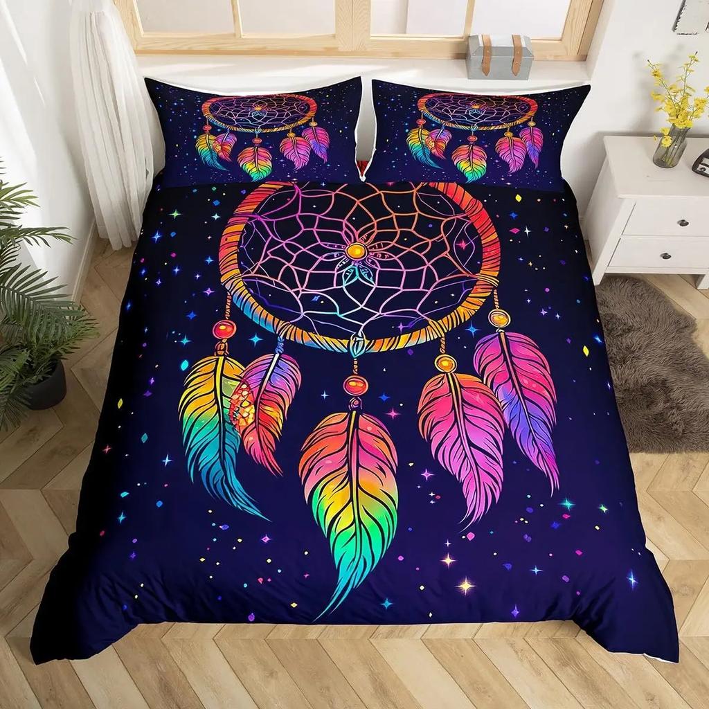Traumfänger Bettwäsche Set Boho Mandala Bettbezug Einzelkönig, Exotischer Stammesfeder Bettdeckenbezug Sternenhimmel Galaxie Steppdeckenbezug