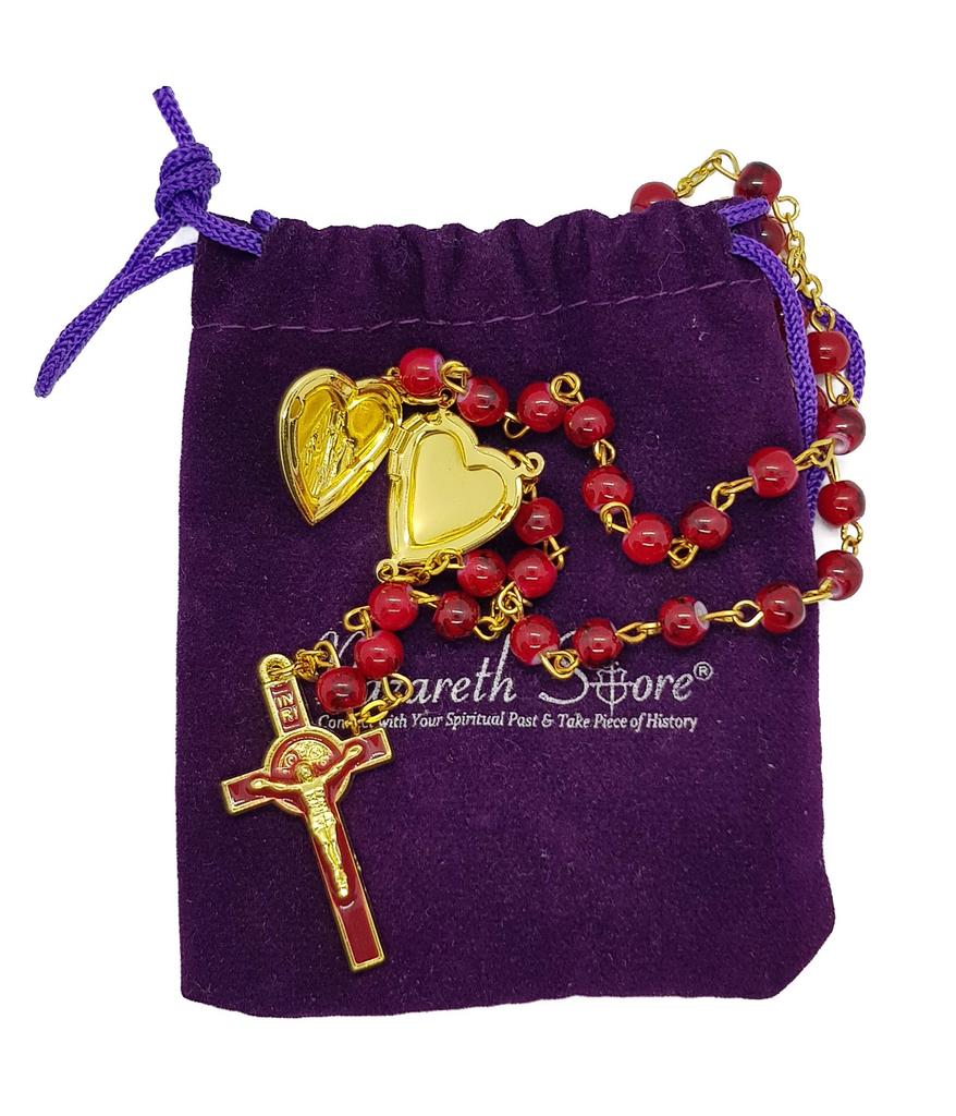 Saint Benedict Rosary Red Glass Beads St San Benito Cross Nr Medal Catholic Necklace