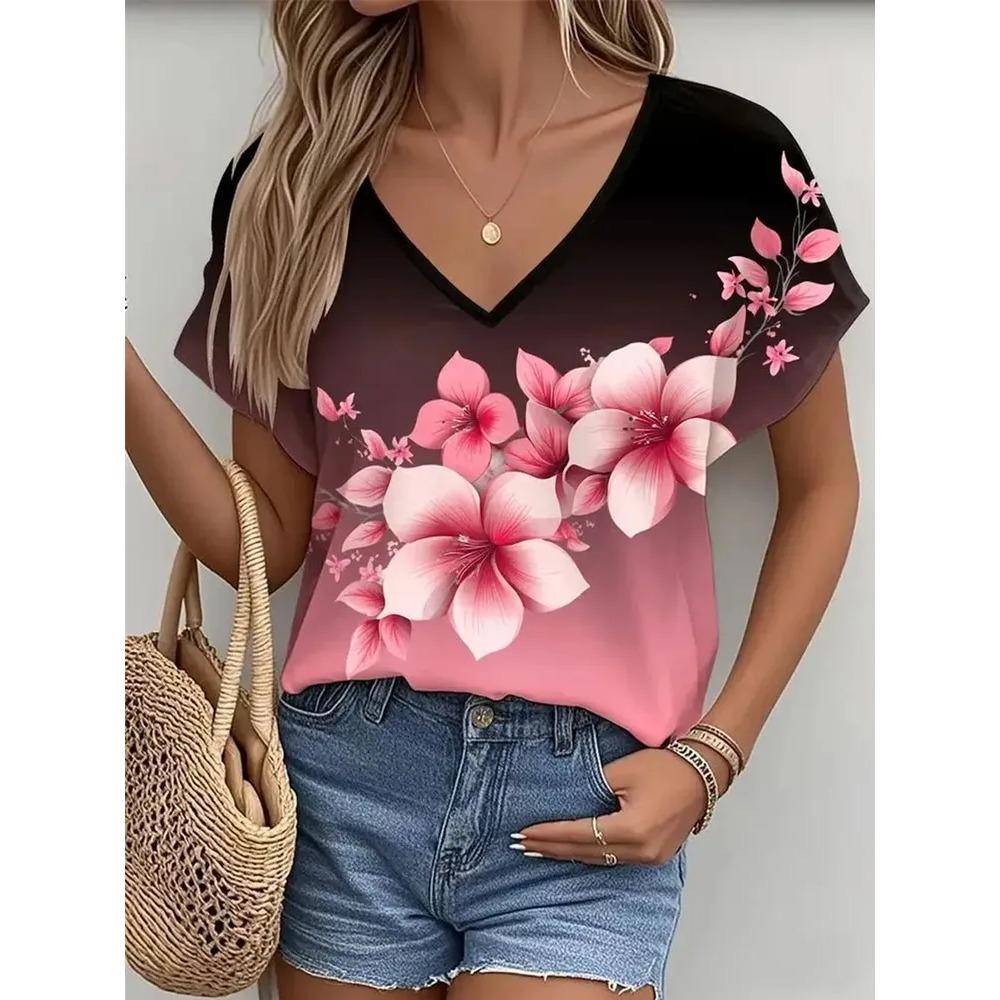 Summer Women Beautiful Flowers V Neck Casual Fashion Tops Comfortable Loose Short Sleeve T-shirt
