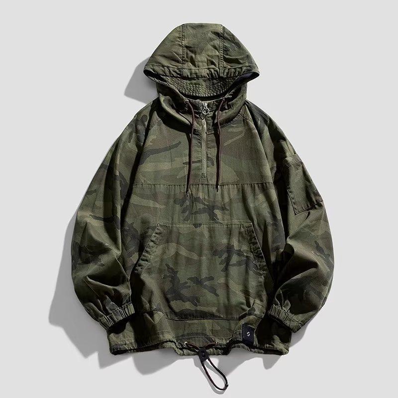 Camouflage Windbreaker Autumn Winter Hooded Outdoor Jacket Retro American Style Casual Half Zip Cargo Coat