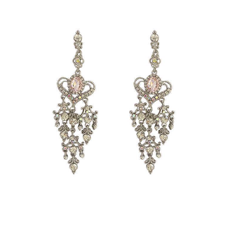 Korean Retro Baroque Pink Crystal Heart Tassel Dangle Earrings - Long Silver Needle Style