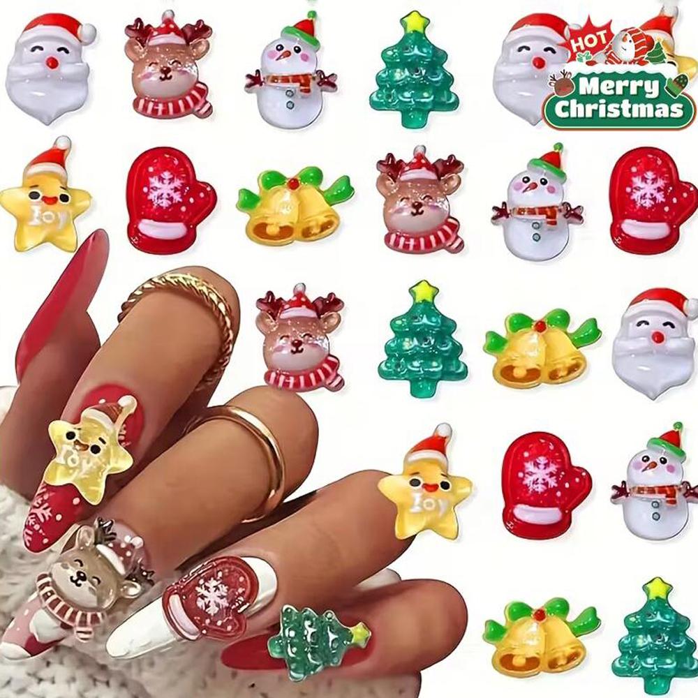 30-50Pcs 3D Christmas Snowman Nail Charms Cartoon Resin Flatback Decorations With Tree Elk Stars Xmas Nail Art Supplies
