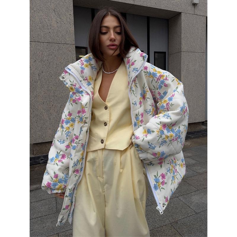 Colorful Printed Cotton Jacket for Women, Autumn and Winter Stand Collar Zipper Cotton Jacket, Warm Cotton Jacket for Women