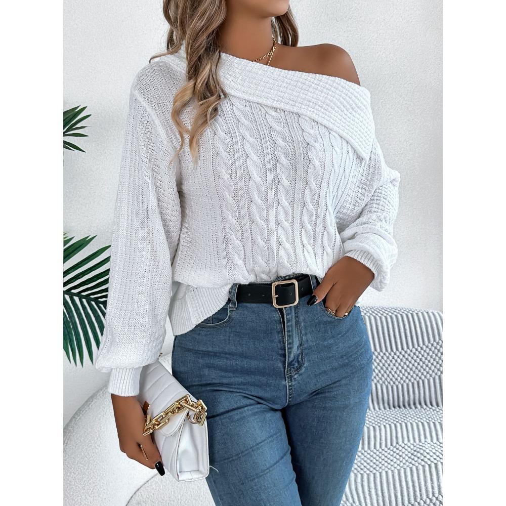 Women's Sweatshirt: Casual and Sensual Collared Off-the-Shoulder Cable-Knit Long-Sleeved Pullover Top