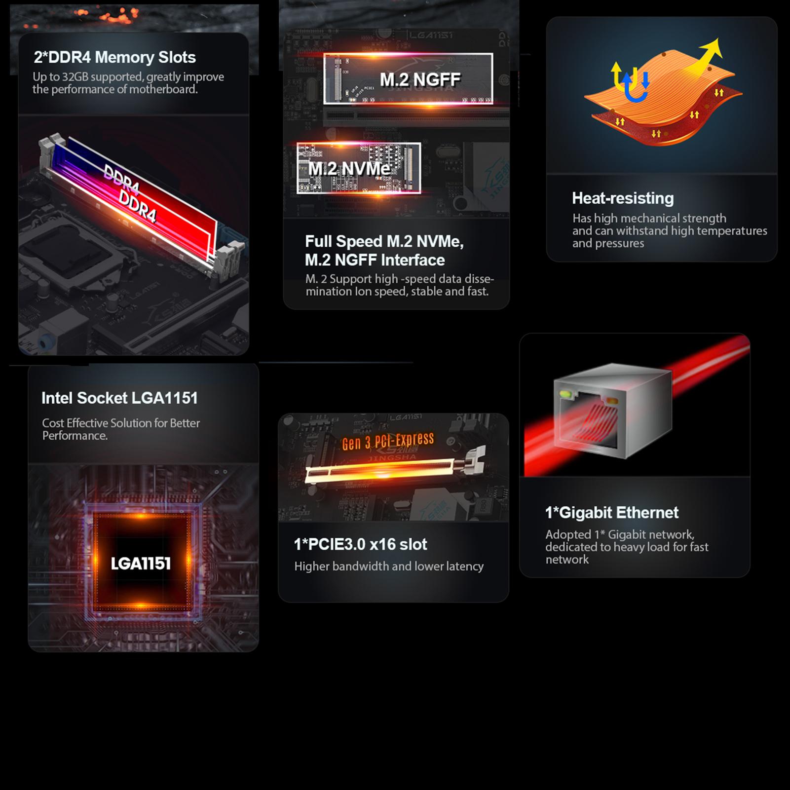 

JINGSHA LGA 1151 Intel Socket LGA1151 Процесори ЦП Настільна материнська плата 2*DDR4 До 32 ГБ 1*Слот PCIE3.0 x16 Для дому чорний