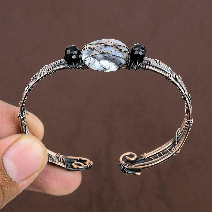 Natürlicher Dendriten Opal Handgemachter Kupferdraht Wickel armreif verstellbar v0N63