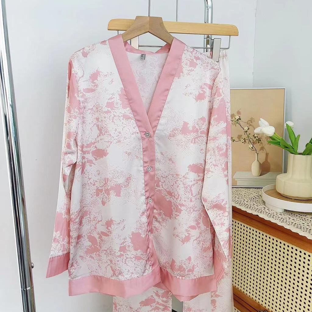 New Pajamas Women's Ice Silk High-end Long-sleeved Trousers Set, Simple Loungewear Can Be Worn Outside