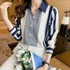 Damen Hemd Blau Gestreifte Blusen Langarm Top Frauen Button Up Polo Neck Kleidung Weibliche Mode Freizeit Hemd