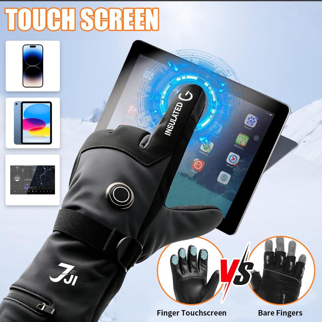 7JI Heated Motorcycle Gloves with 3 Temperature Settings Touchscreen Waterproof and 6000mAh High Adjustable Wrist Perfect for Outdoor and XL