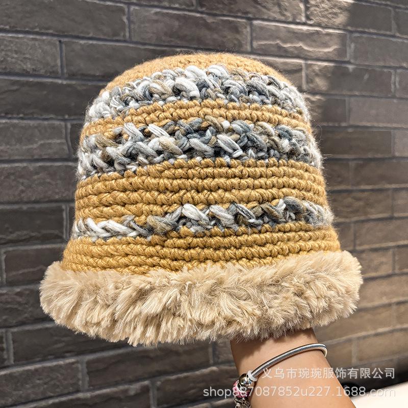 Bohemian style color woven plush edge basin hat women's autumn and winter thickened warm knitted sweet face small bucket hat