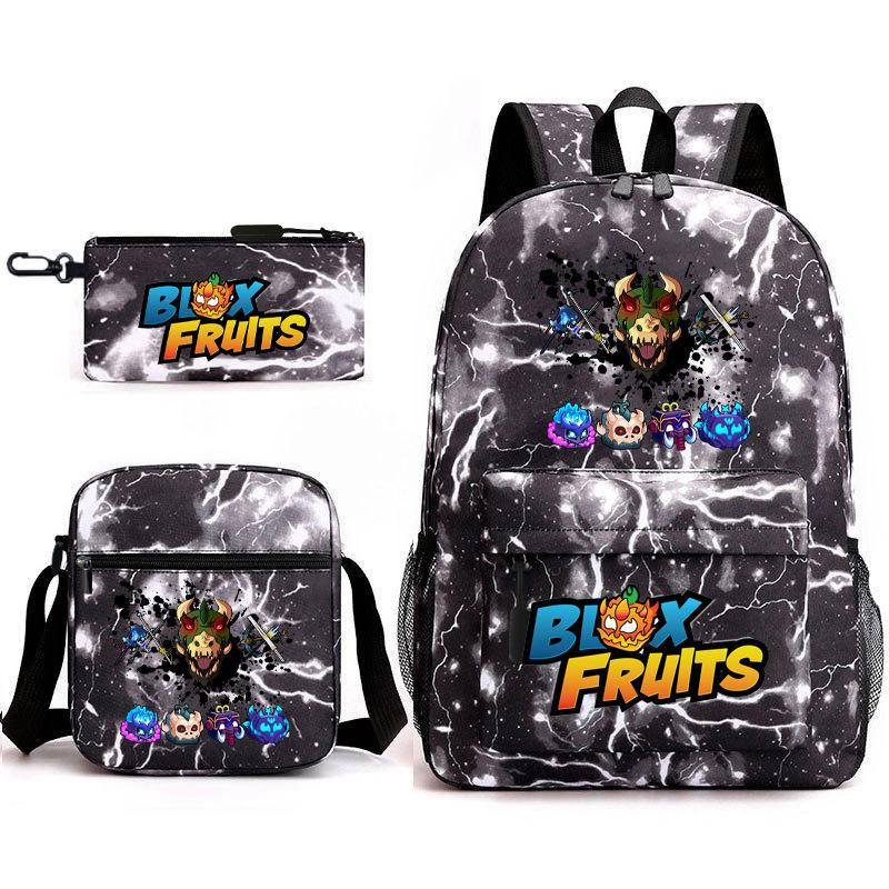 Mochila Escolar para Adolescentes Jogo Blox Fruits Fruta do Demônio Escola Primária Estrela Pintura Térmica Conjunto de 3 peças