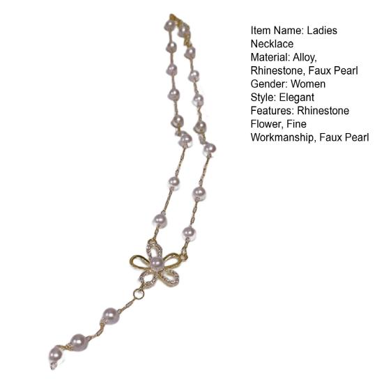 Women Necklace Sparkling Rhinestone Flower Dainty Elegant Beaded Lustrous Faux Pearl Clavicle Necklace Fashion Jewelry