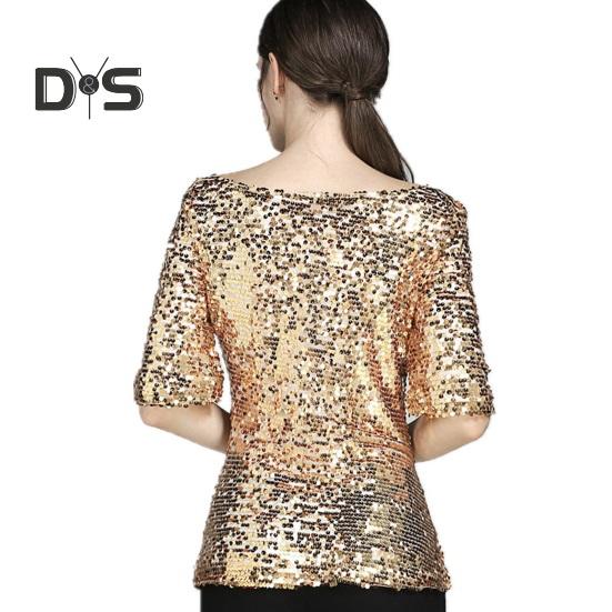 Damen-Shirt, glänzende Pailletten, halbe Ärmel, O-Ausschnitt, lose, einfarbig, weich, atmungsaktiv, Pullover, glitzernde Party, Abschlussball, Cocktail-Bluse