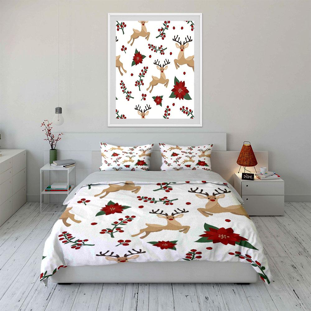 Festive Reindeer Floral Print Bedding Duvet Cover Set Duvet Cover Pillowcases  (1*Duvet Cover 2*Pillowcases, without duvet insert)