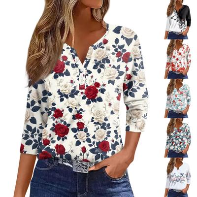 Women's T Shirt Print Button 3/4 Sleeve Daily Weekend Fashion Basic V- Neck Regular Top