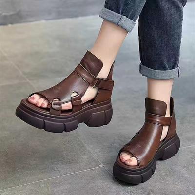 Sommer Fischmaul Römerschuhe kurze Stiefel weiches Leder Muffin dicken Sohlen Sandalen Frauen Höhe und Dünnheit Klettverschluss hohl cool Stiefel Flut