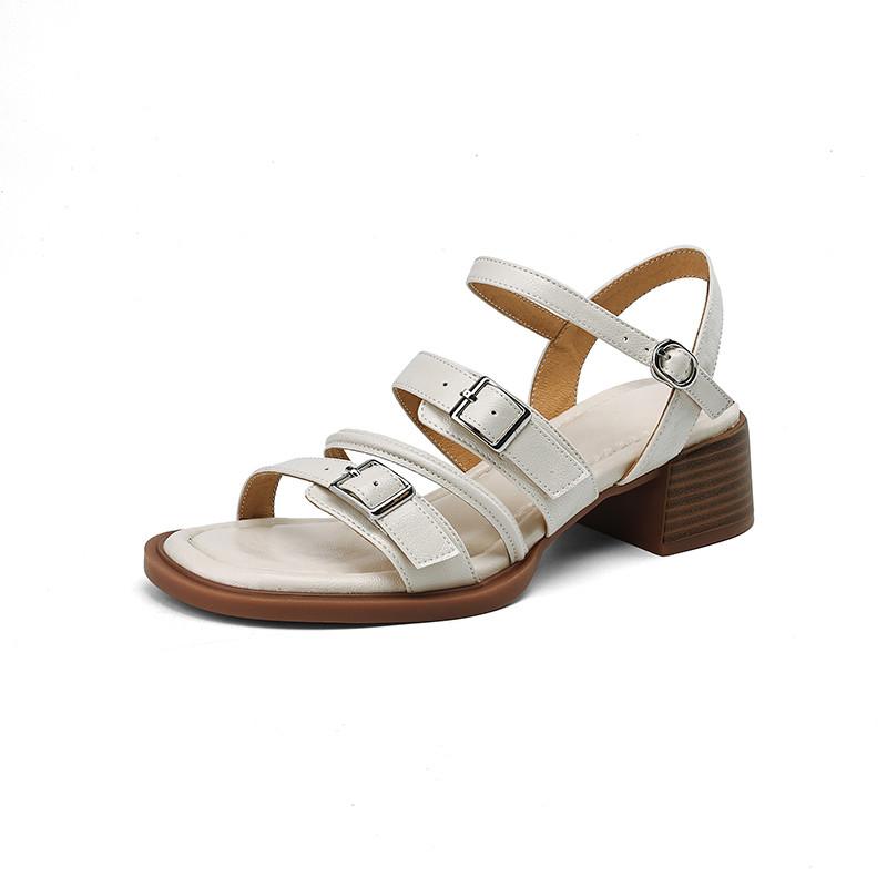 Fashion New Summer Sandals Split Leather Women Shoes Round Toe Sandals for Women Fashion Belt Buckle Chunky Heel Sandal Gladiator Shoes