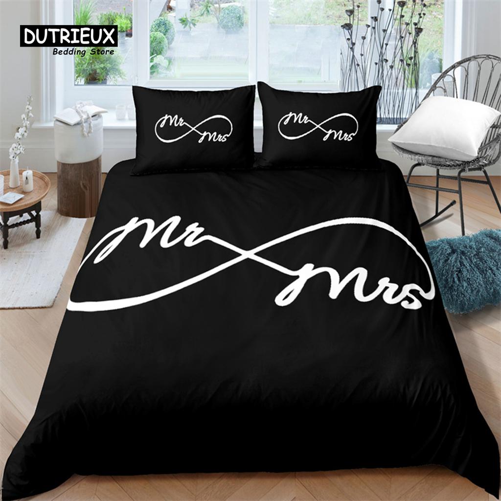 Mrs Mr Duvet Cover Romance Comforter Cover Microfiber White Bedding Set For Boys Girls Teens Adults Wedding Valentine Day Decor