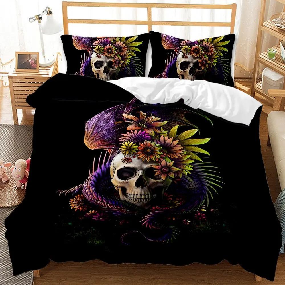 Halloween Skull Comforter Cover Collection Queen Dimension Size Black Gothic Skeleton Paisley Floral Sleep Bedding Collection Polyester Fabric